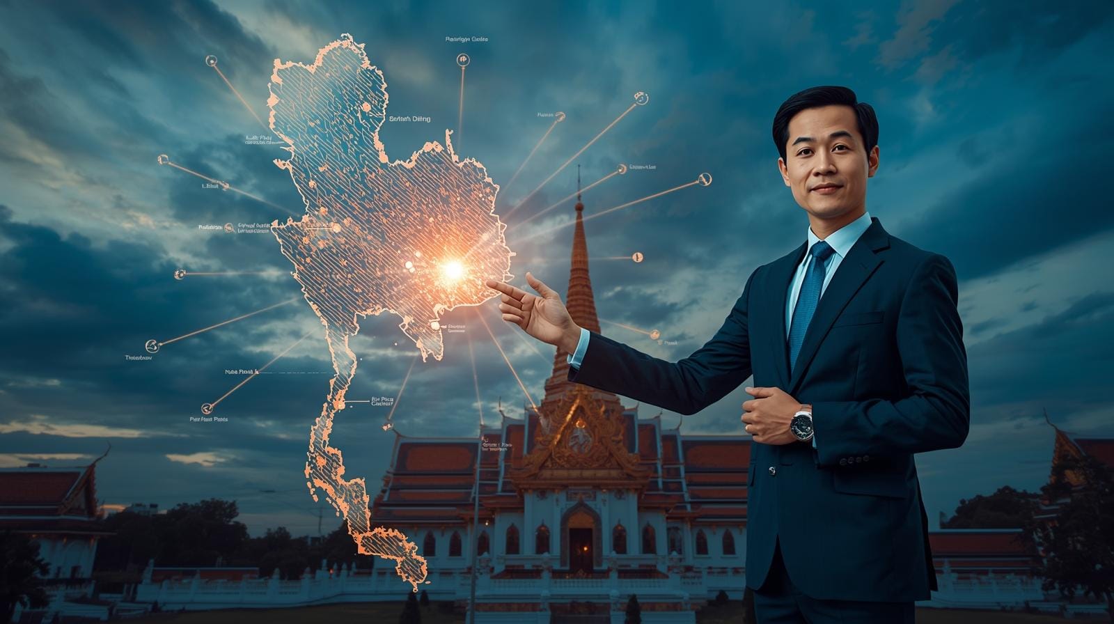 Thai government official discusses new foreigner-friendly policies over a map.