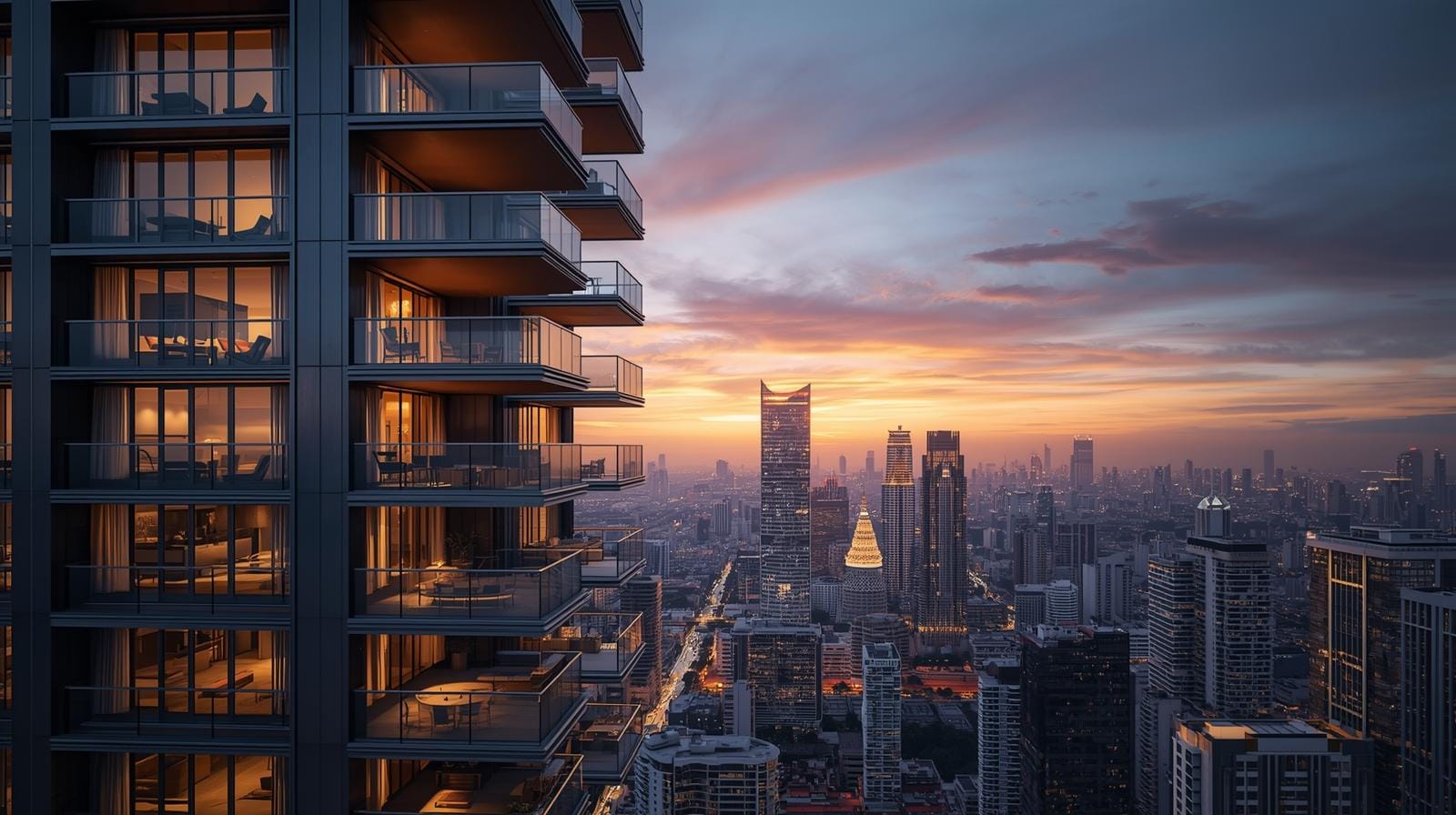 Luxury Bangkok condo tower lit at dusk.