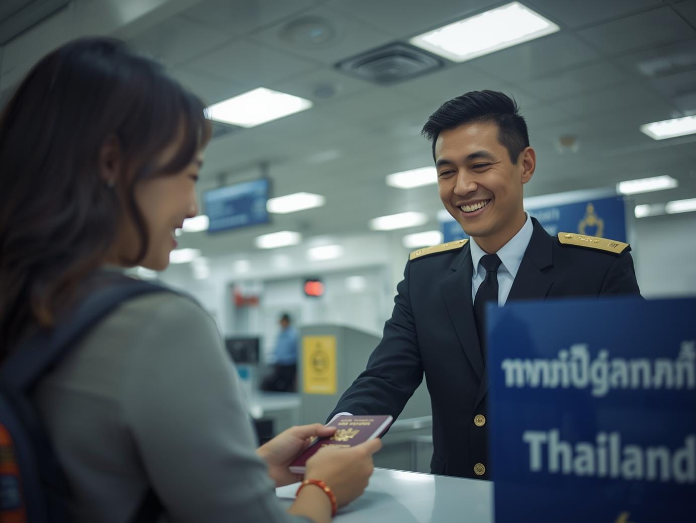 Immigration officer at Bangkok airport stamping a foreign visitor’s passport with a Thai visa stamp.