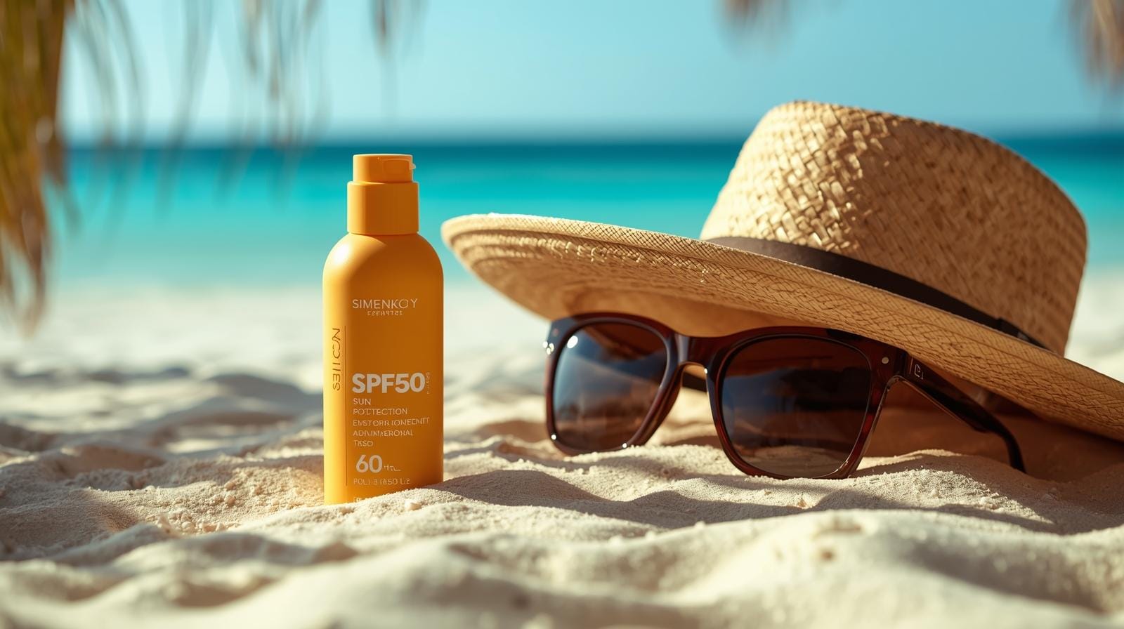 A bottle of SPF50 sunscreen, a straw hat, and sunglasses on a sunny beach in Thailand.