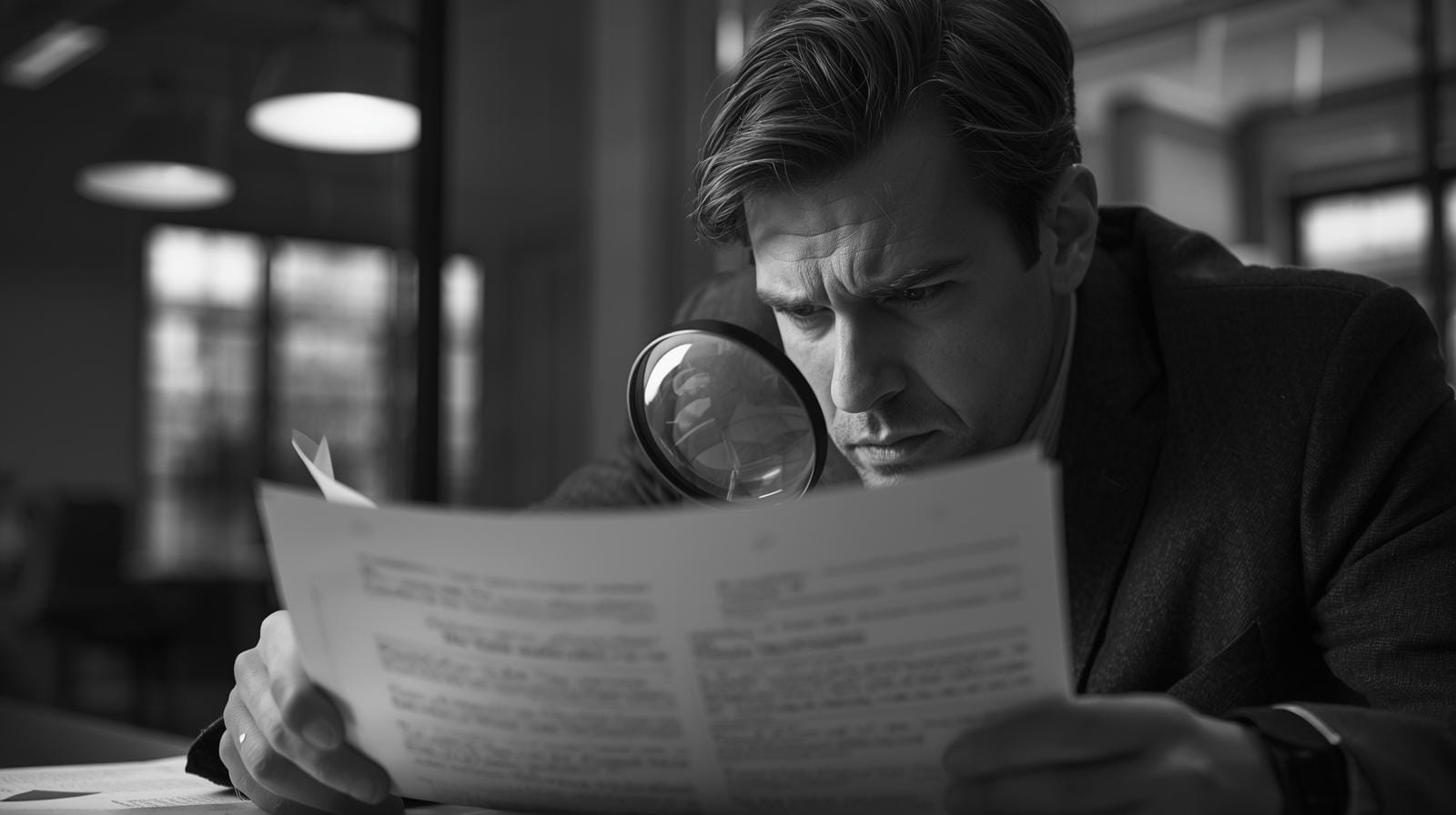 A person uses a magnifying glass to read the fine print of a document, representing scrutiny of details.