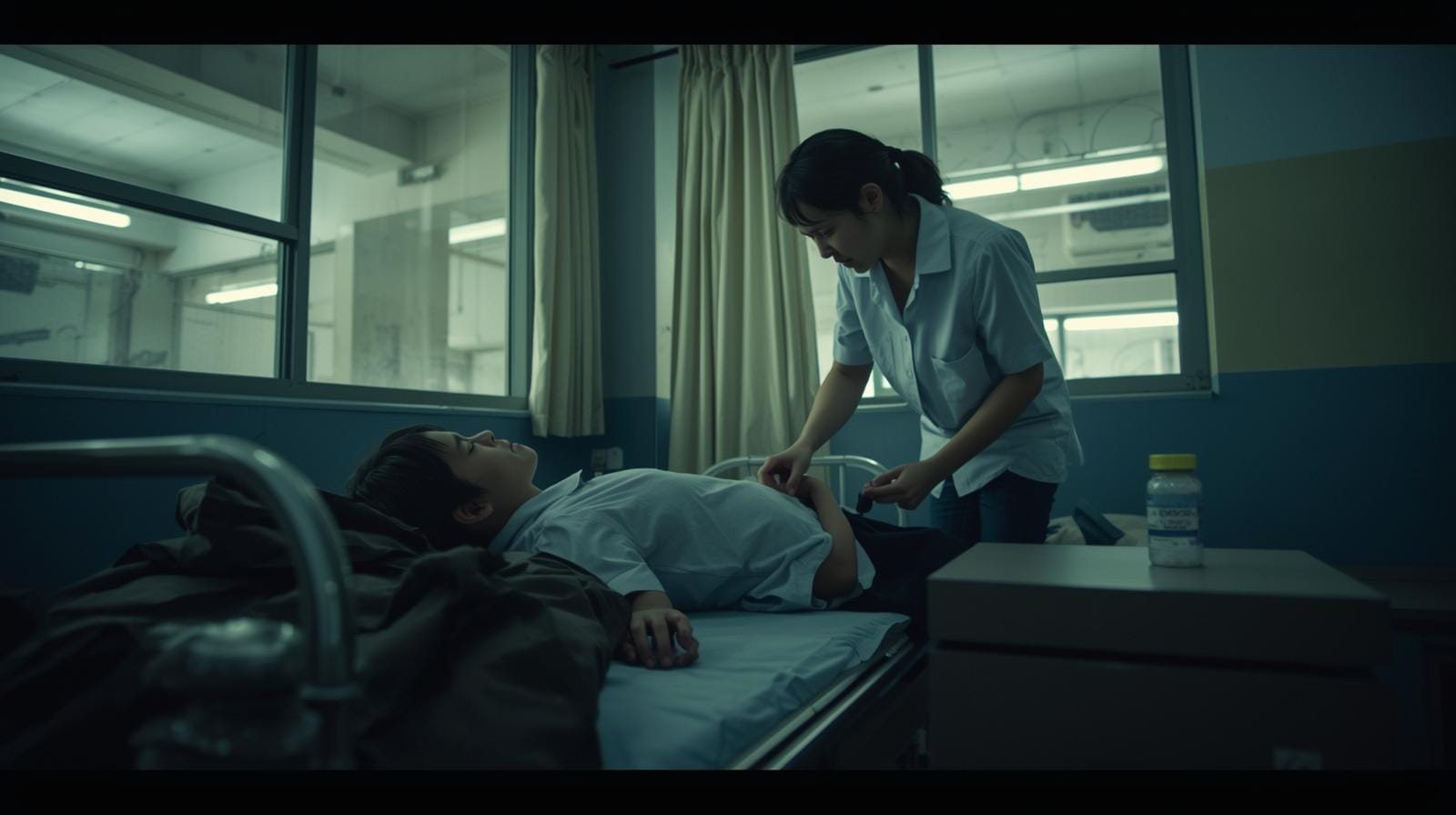 Thai student being examined in a school clinic after suspected cannabis overdose.