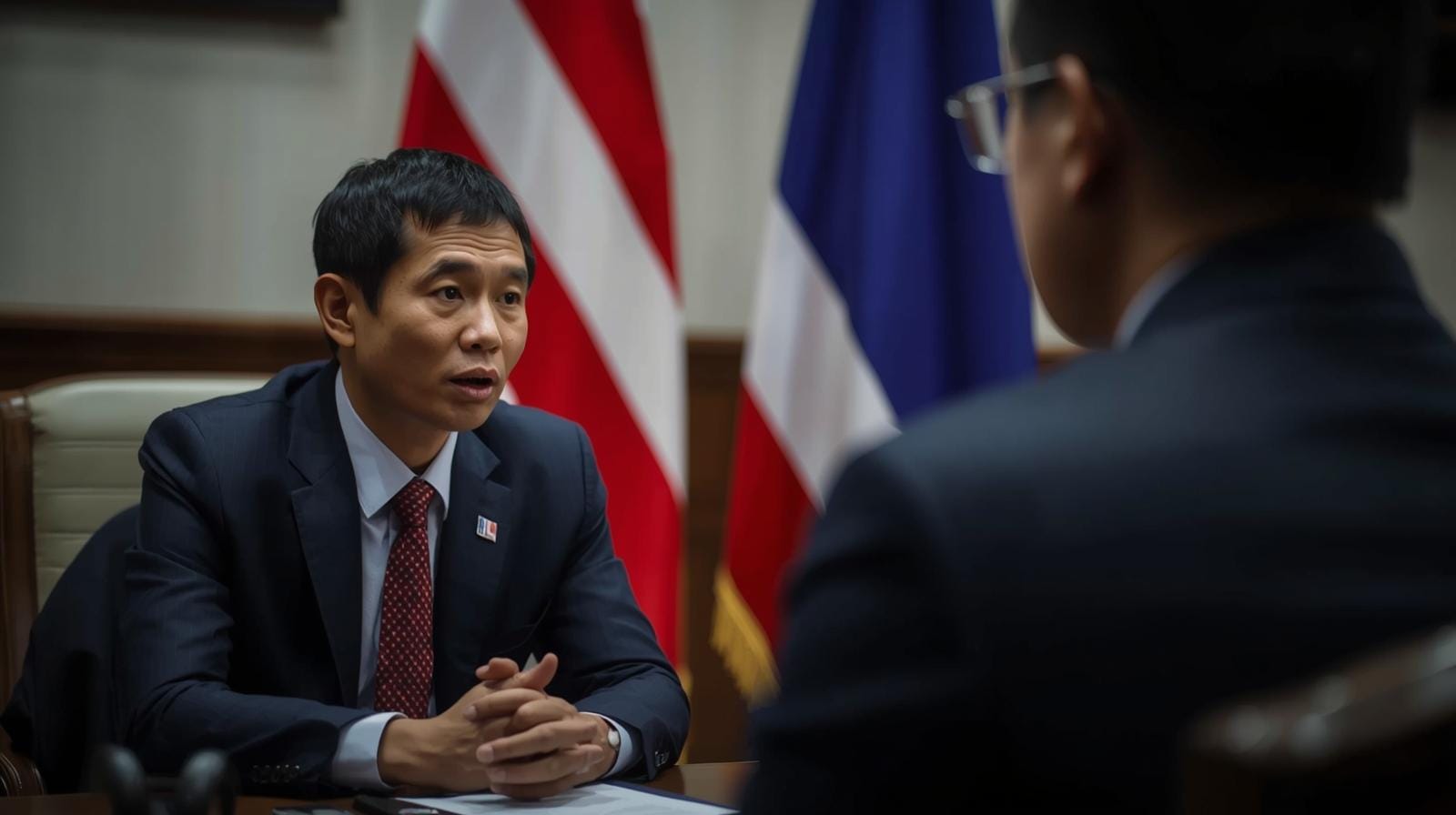 A citizenship applicant speaks in Thai during a formal interview at a Thai government office, illustrating the rigorous vetting and language testing in the naturalization process.