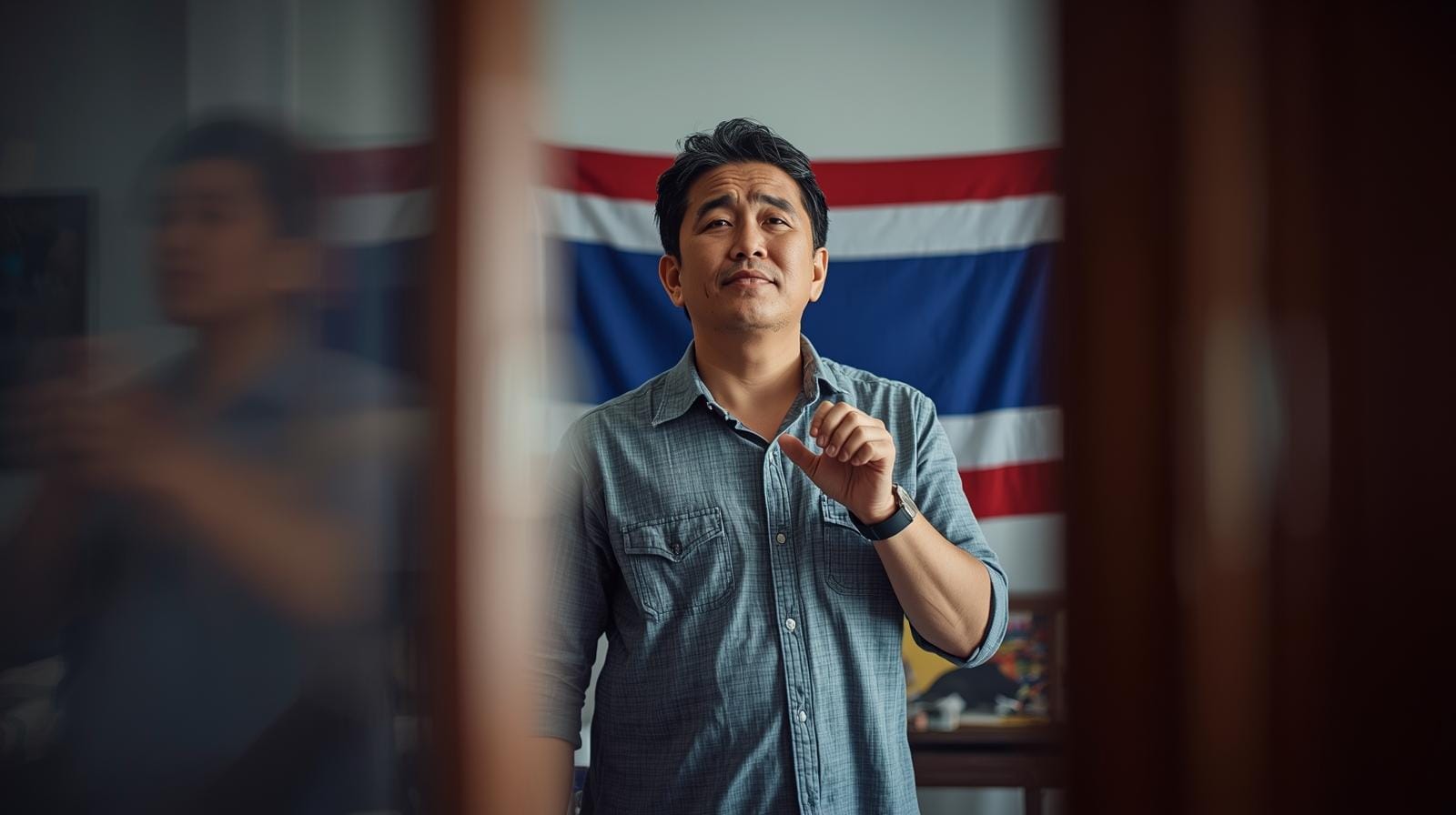A determined expat practices singing the Thai national anthem at home with a Thai flag nearby, symbolizing the dedication needed to overcome challenges like language in the citizenship journey