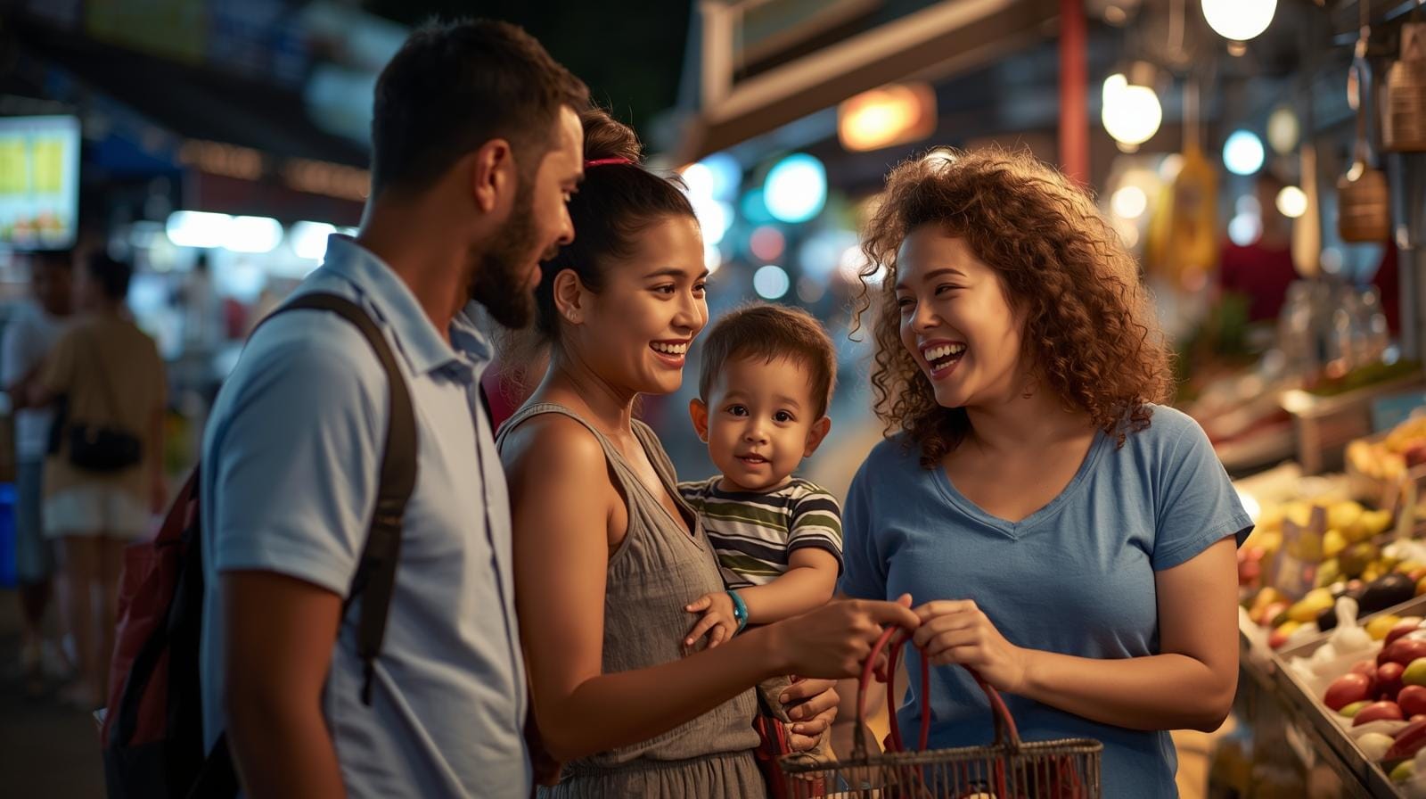 A happy expat family explores a Bangkok night market, reflecting the deep ties and sense of home expats develop in Thailand