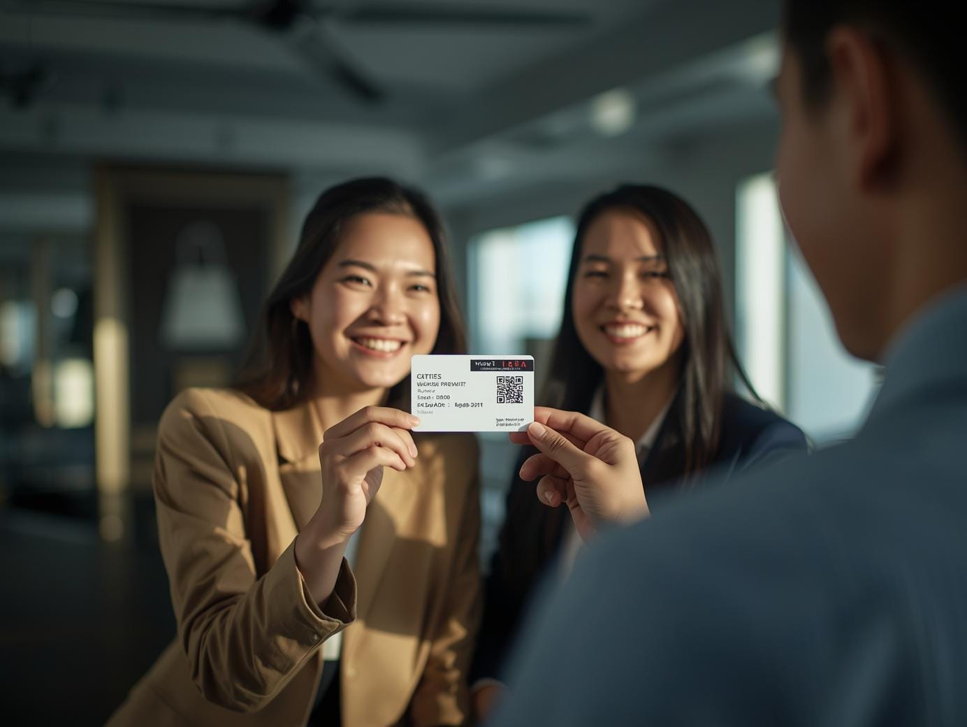 A foreign employee proudly shows a Thai colleague her new digital work permit card with a QR code, both smiling in a modern office setting.