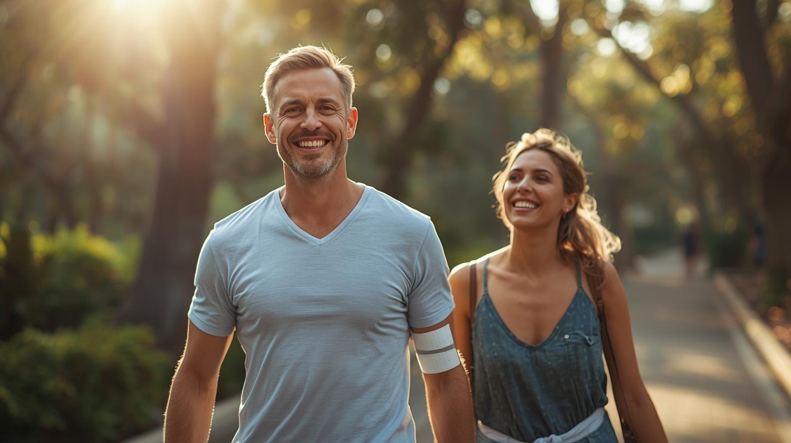 A recovered dengue patient enjoys a sunny morning walk in a Bangkok park with a family member, both smiling and healthy.
