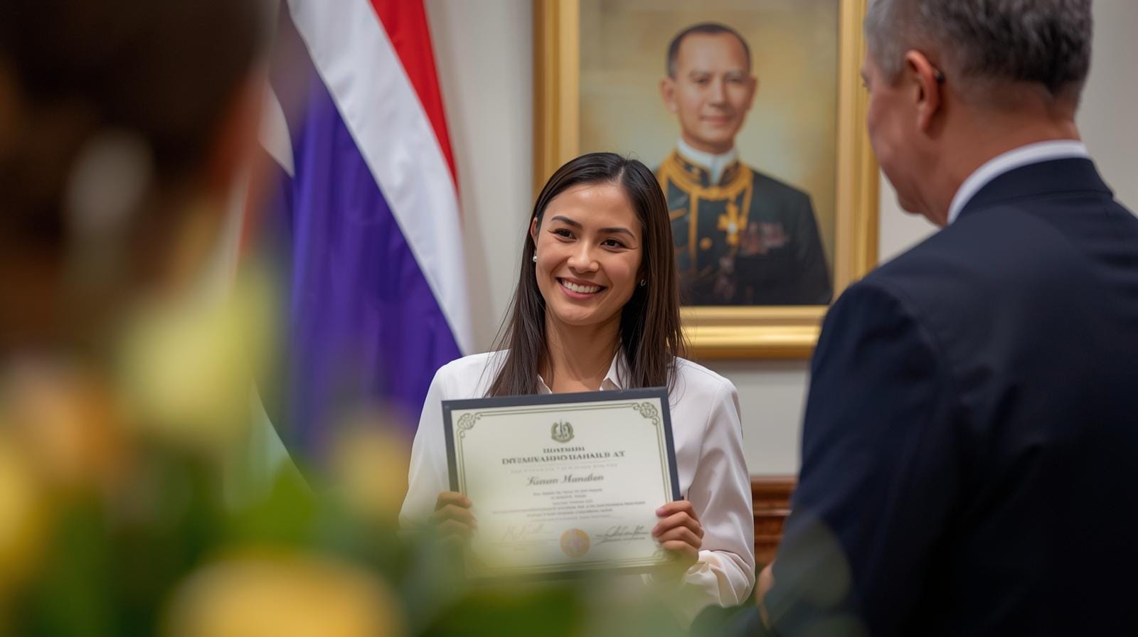 A joyous new Thai citizen accepts her official citizenship certificate from a Thai official during a ceremony, marking the culmination of her journey to belong in Thailand.