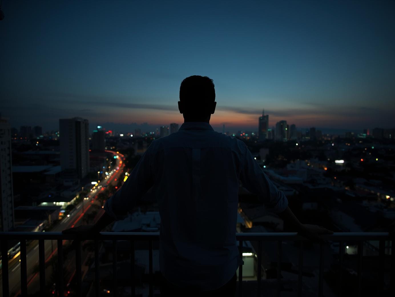 A solitary foreign man standing on a balcony at dusk, looking out over the illuminated Bangkok skyline with a thoughtful pose.