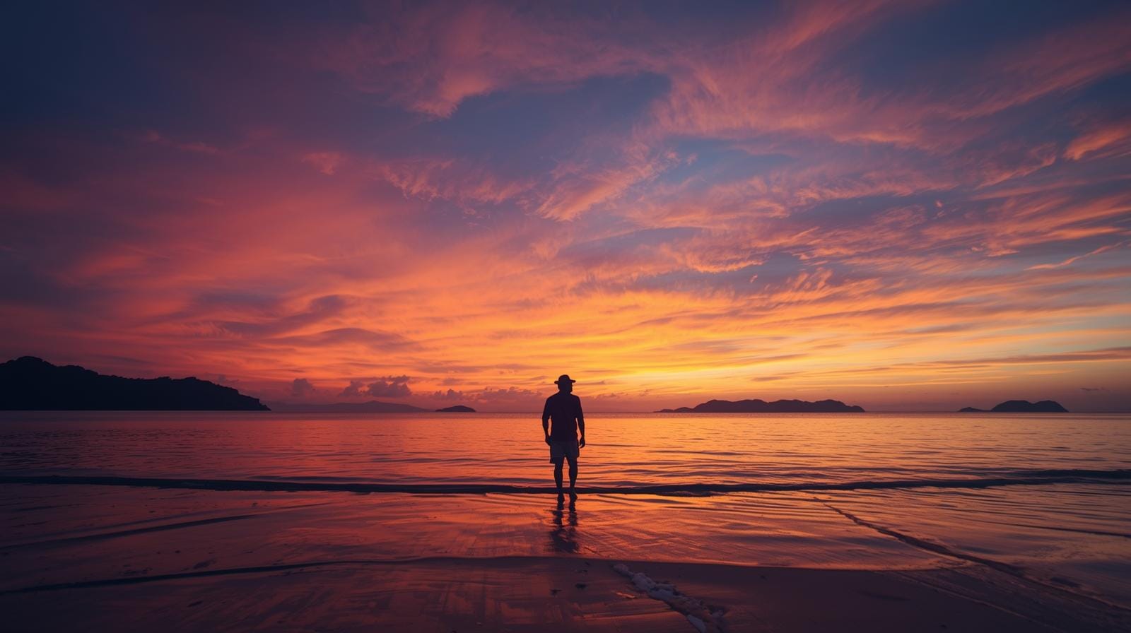 A lone traveler stands on a beach at sunset looking out over the ocean, with a golden-orange sky and silhouettes of distant islands on the horizon