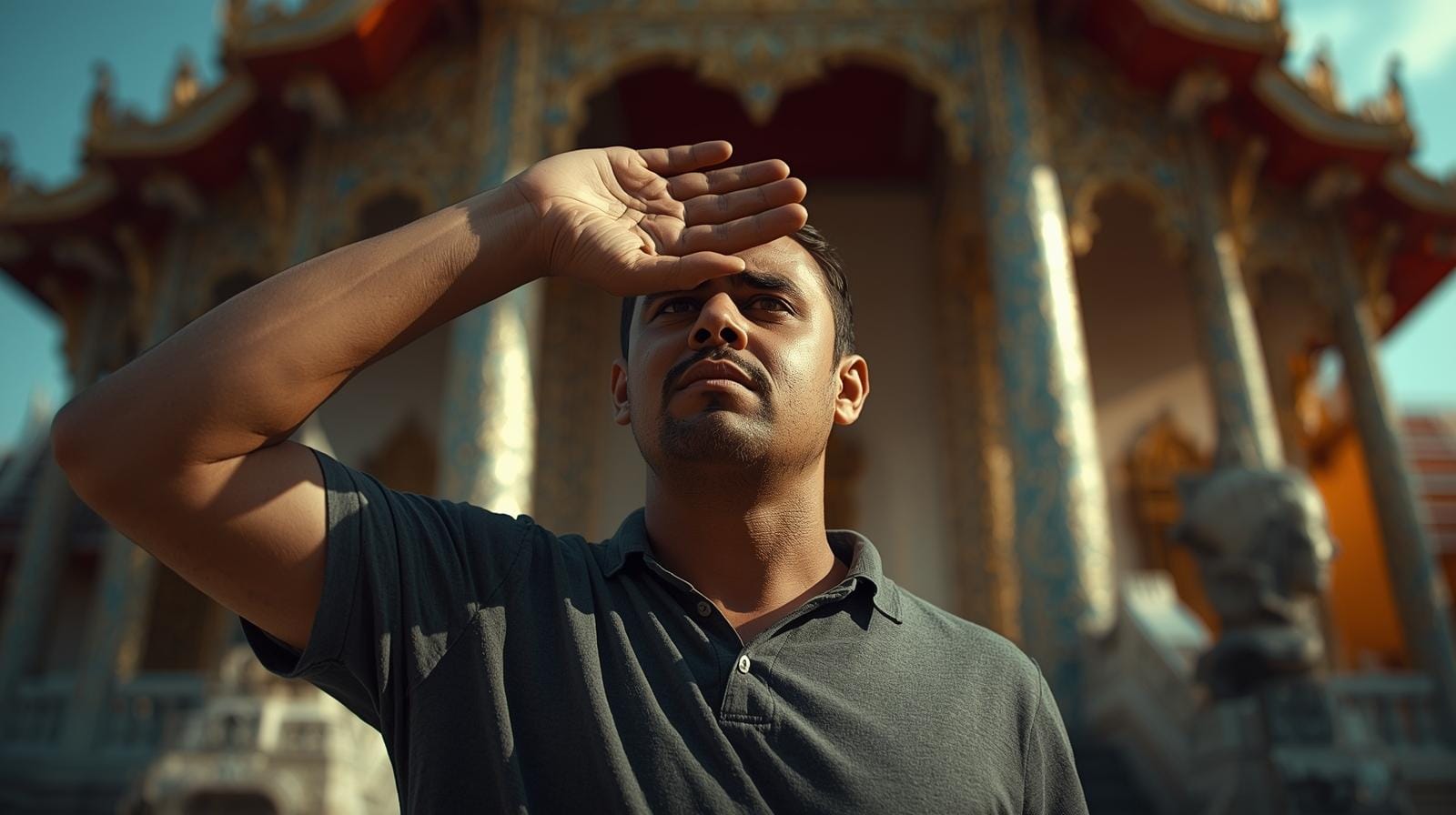 A man squints and shields his eyes from the intense midday sun outside a Thai temple.
