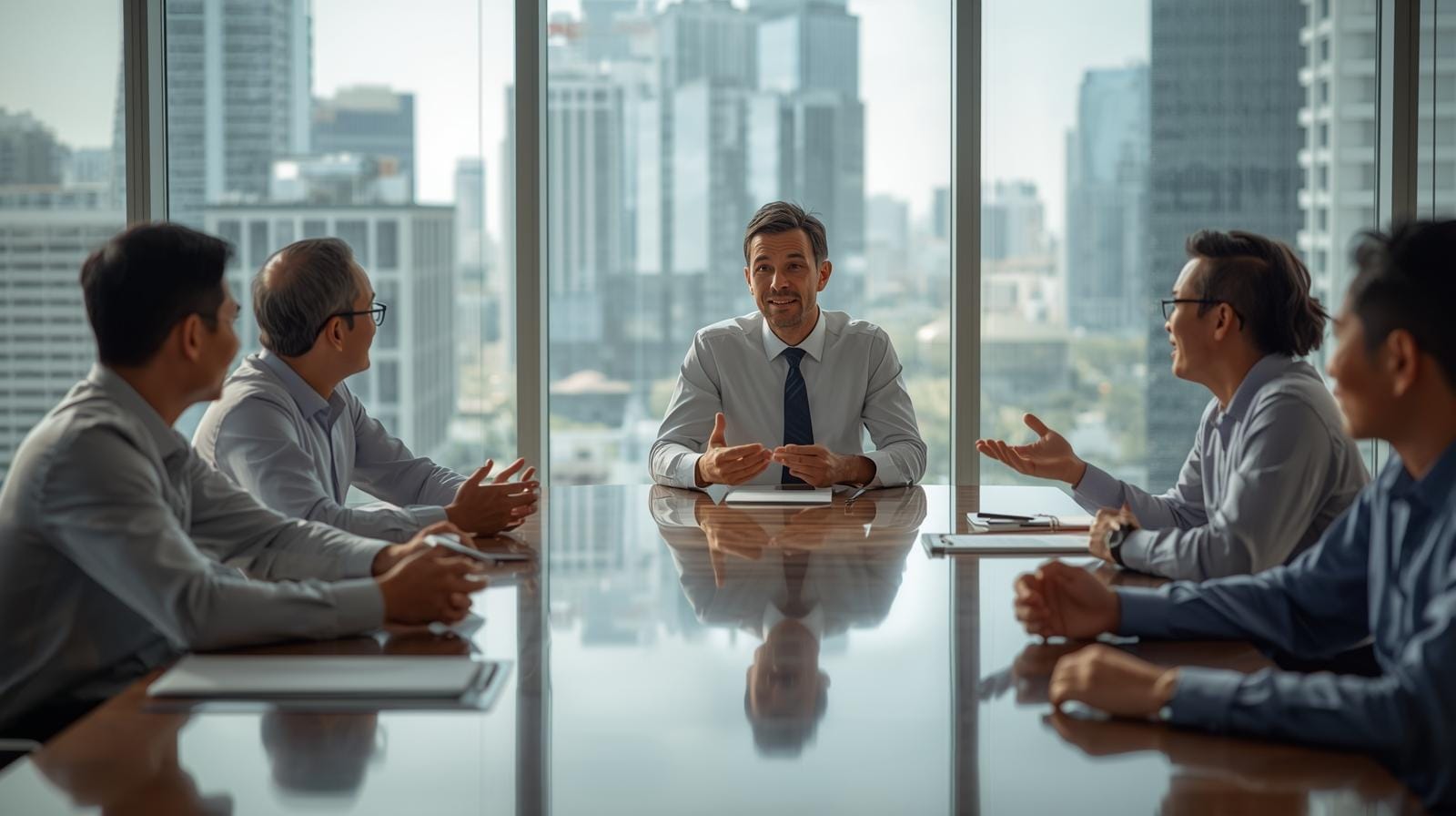 In a Thai office meeting, a foreign manager proposes an idea while the Thai staff smile and nod politely, avoiding direct disagreement.