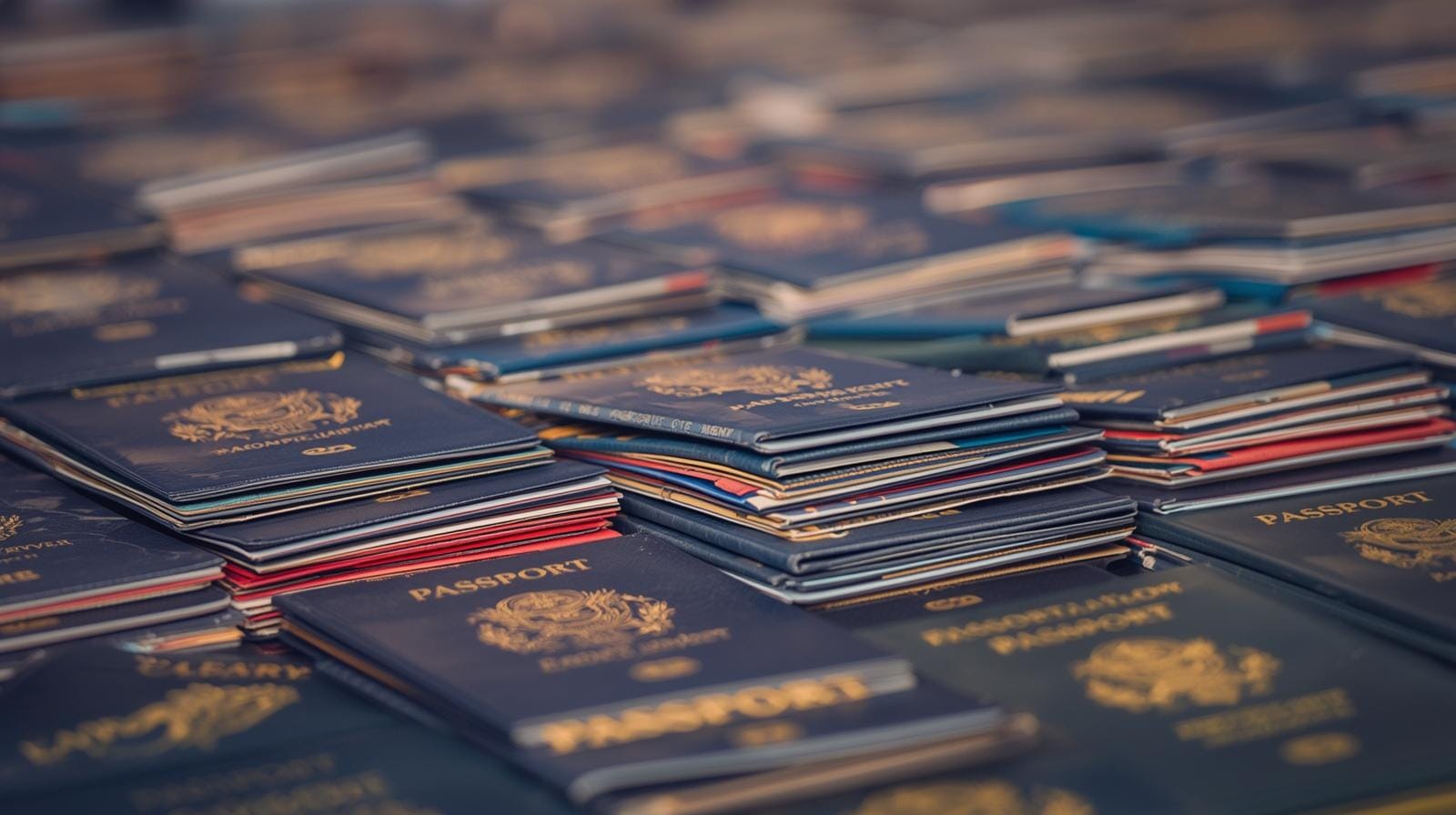 A shallow-depth shot of stacked passport piles with colored tabs, symbolizing categories collapsing into neat stacks.