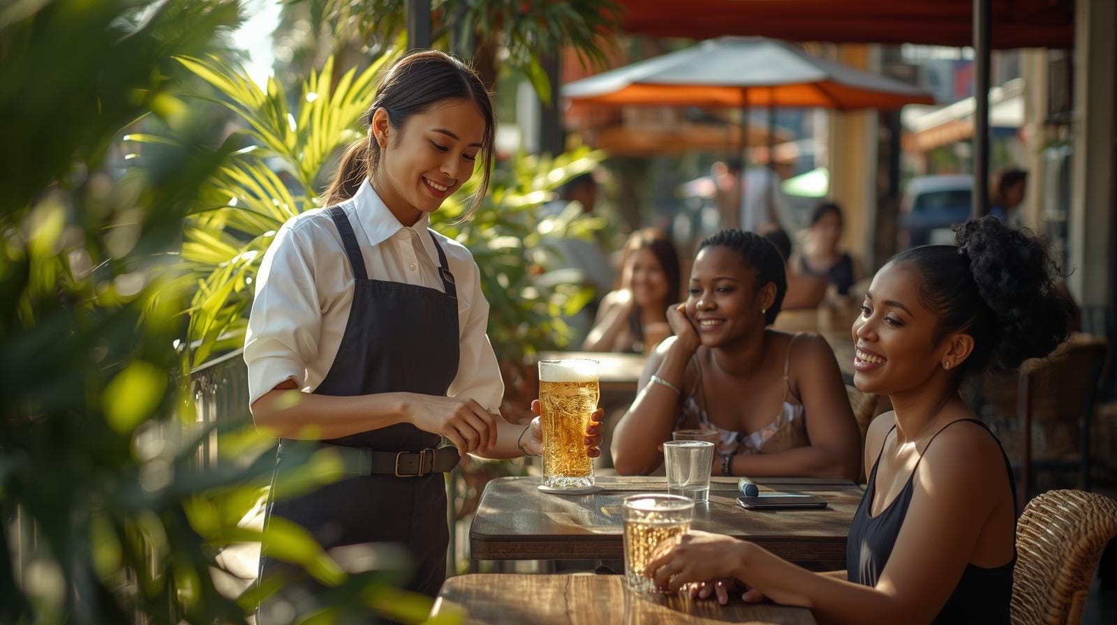 A patron enjoys an afternoon beer at a Bangkok café in bright daylight.