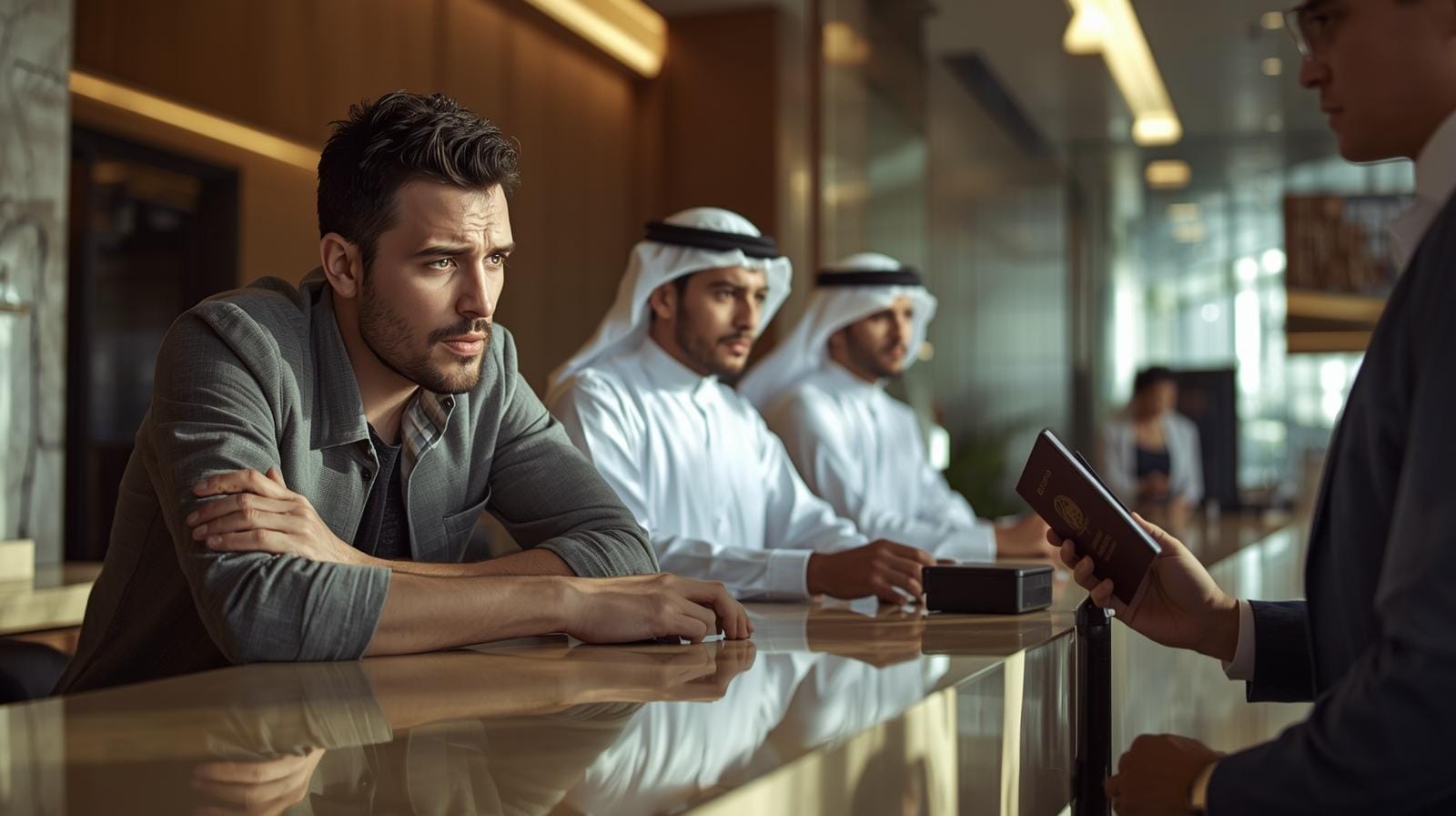 A concerned foreign customer at a Thai bank counter as a teller inspects his passport.