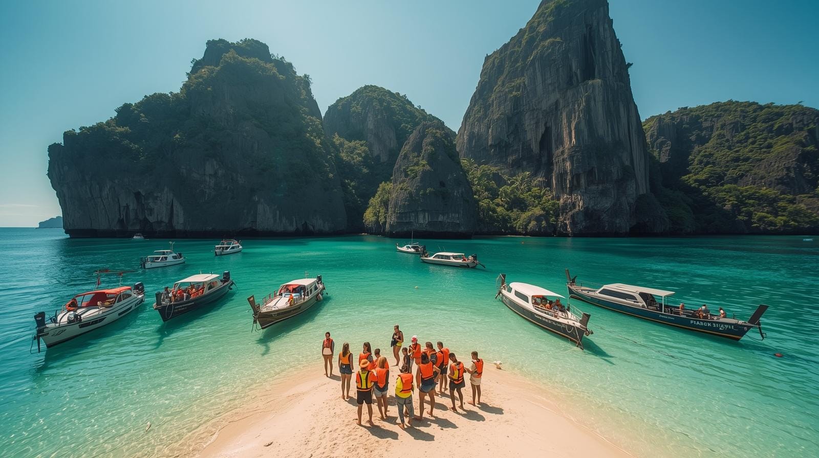 A crowd of tourists in life jackets pack a small beach where several speedboats are anchored