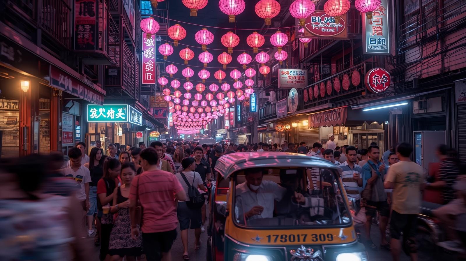Crowds of tourists explore a neon-lit Bangkok bar street late at night.