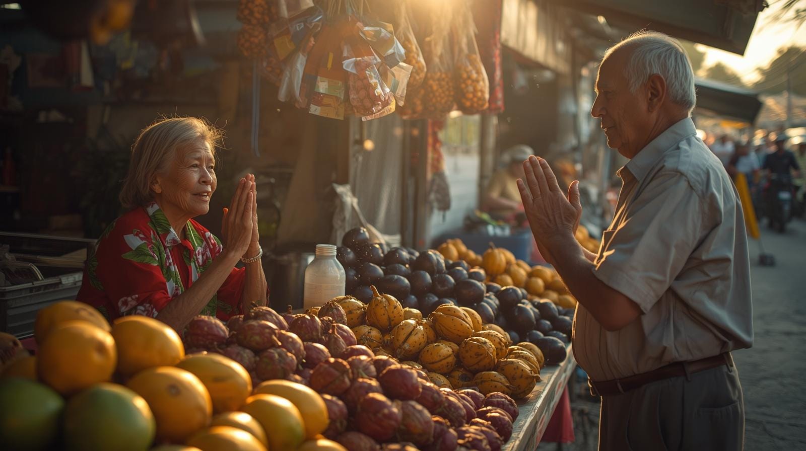 In a Thai neighborhood, a foreign resident smiles and bows with a wai to greet an elderly Thai vendor, showing respect and cultural courtesy.