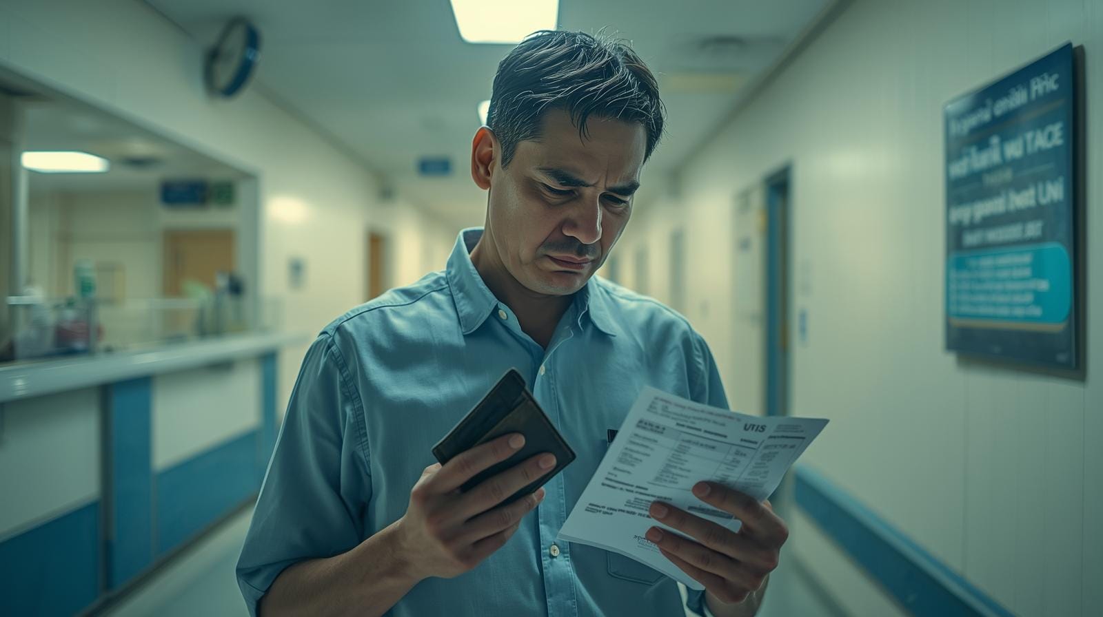 A concerned patient in a hospital hallway looks at his medical bill while clutching an almost empty wallet.