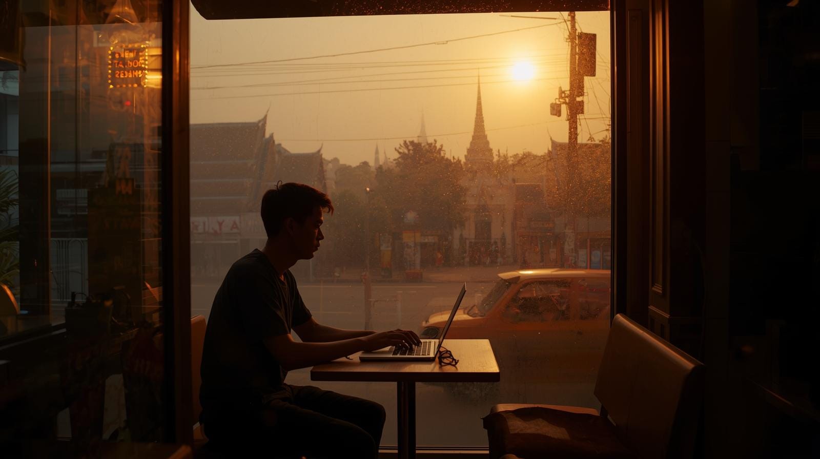 Young traveler working on laptop in Bangkok cafe at sunrise.