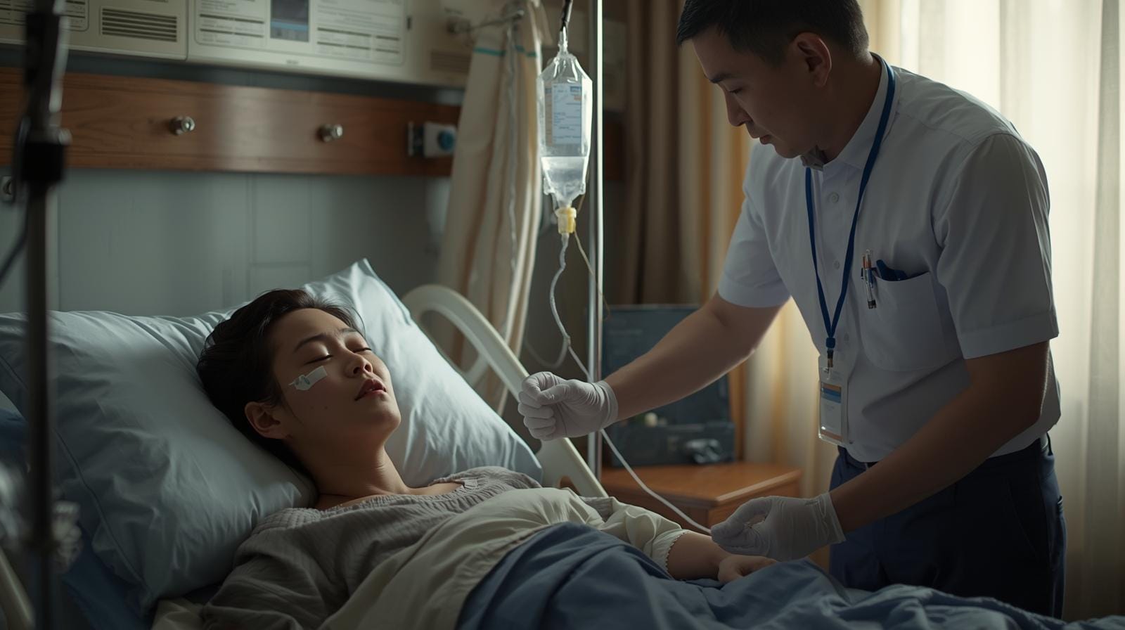 A dengue fever patient lies in a hospital bed with an IV drip, attended by a nurse in a Thai hospital.