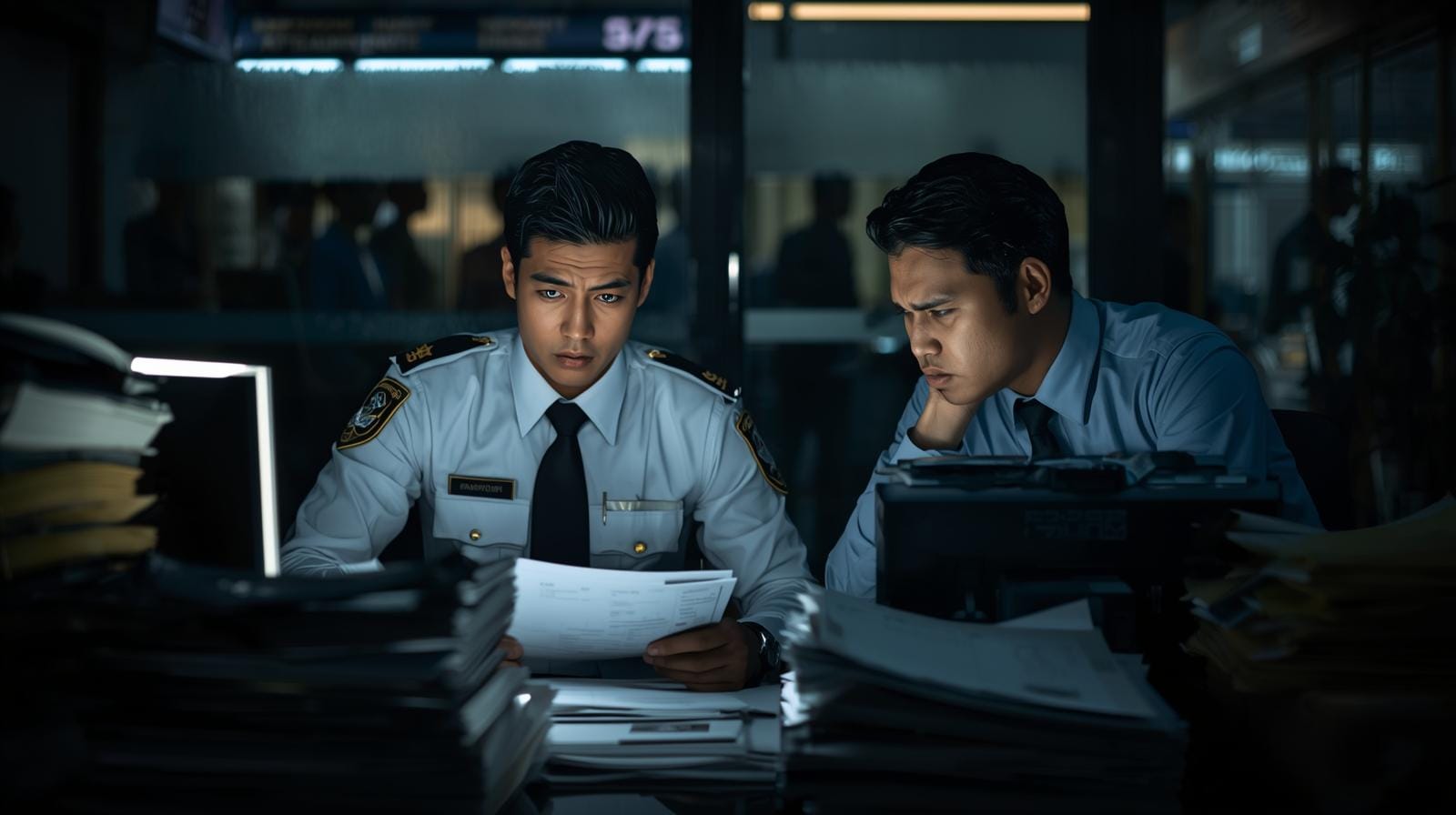 A Thai police officer and bank manager reviewing account paperwork in a back office, illustrating the intense scrutiny on foreigner bank accounts.
