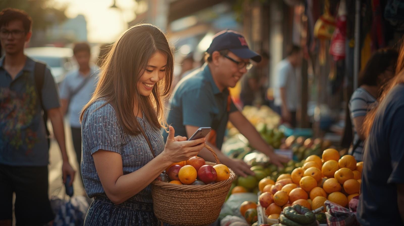 Expats and locals mingling at a lively Bangkok morning market, the atmosphere warm and hopeful as life goes on normally.
