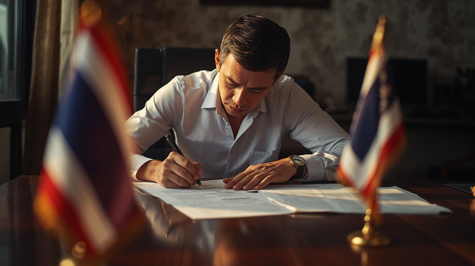An expat carefully fills out Thai citizenship application paperwork, with official documents and a small Thai flag on the desk, illustrating the strict requirements.