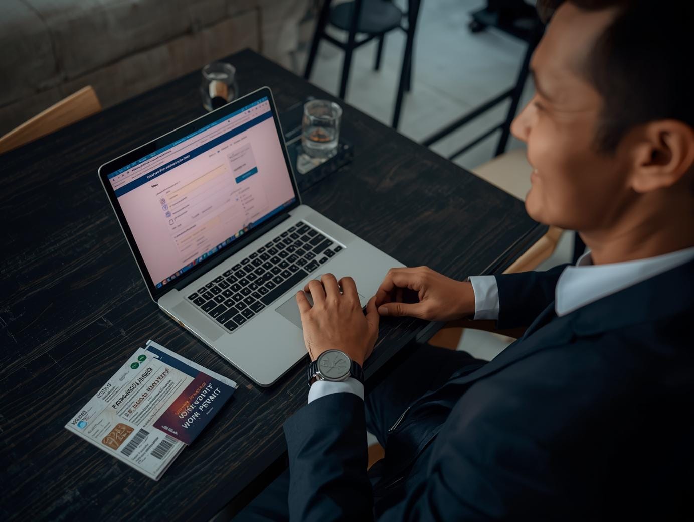 A foreign professional sits at a laptop completing Thailand’s online work permit application, with documents and passport beside him.