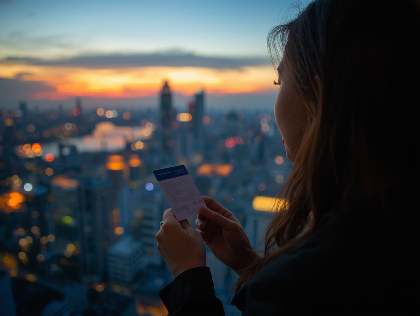 A foreign professional stands by a window overlooking the Bangkok skyline at sunset, holding her new work permit card and reflecting on the changes in her life.