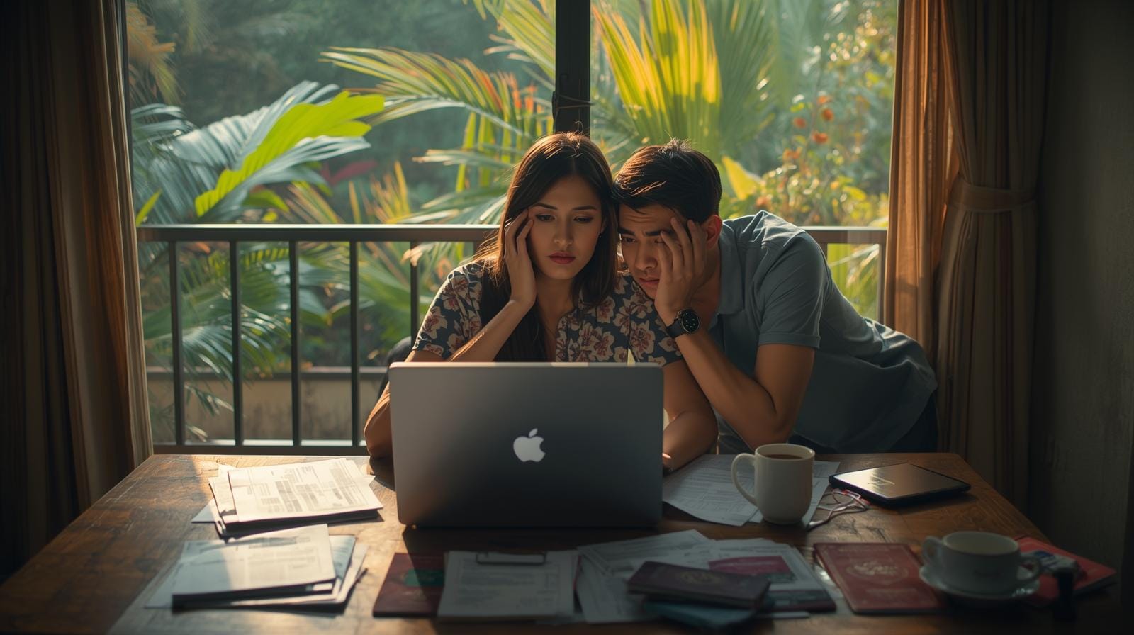 An expat couple in Thailand looking worriedly at a laptop screen showing a bank account issue, with documents spread out on the table.