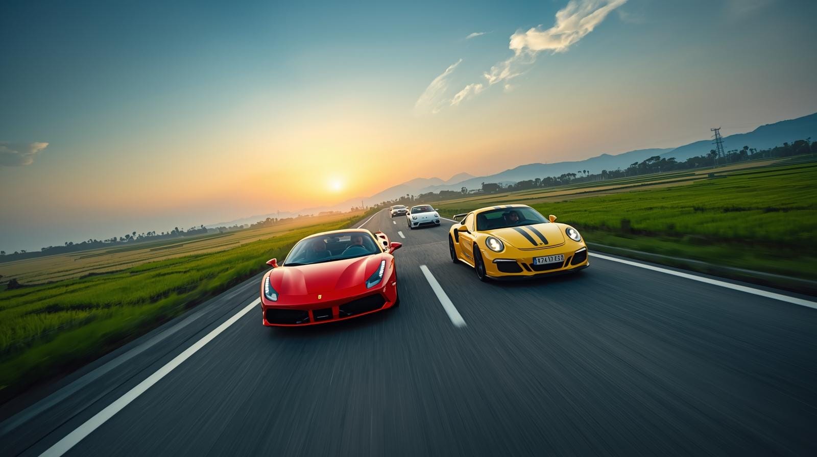 A line of brightly colored supercars races along an open highway at dawn, misty Thai mountains ahead.