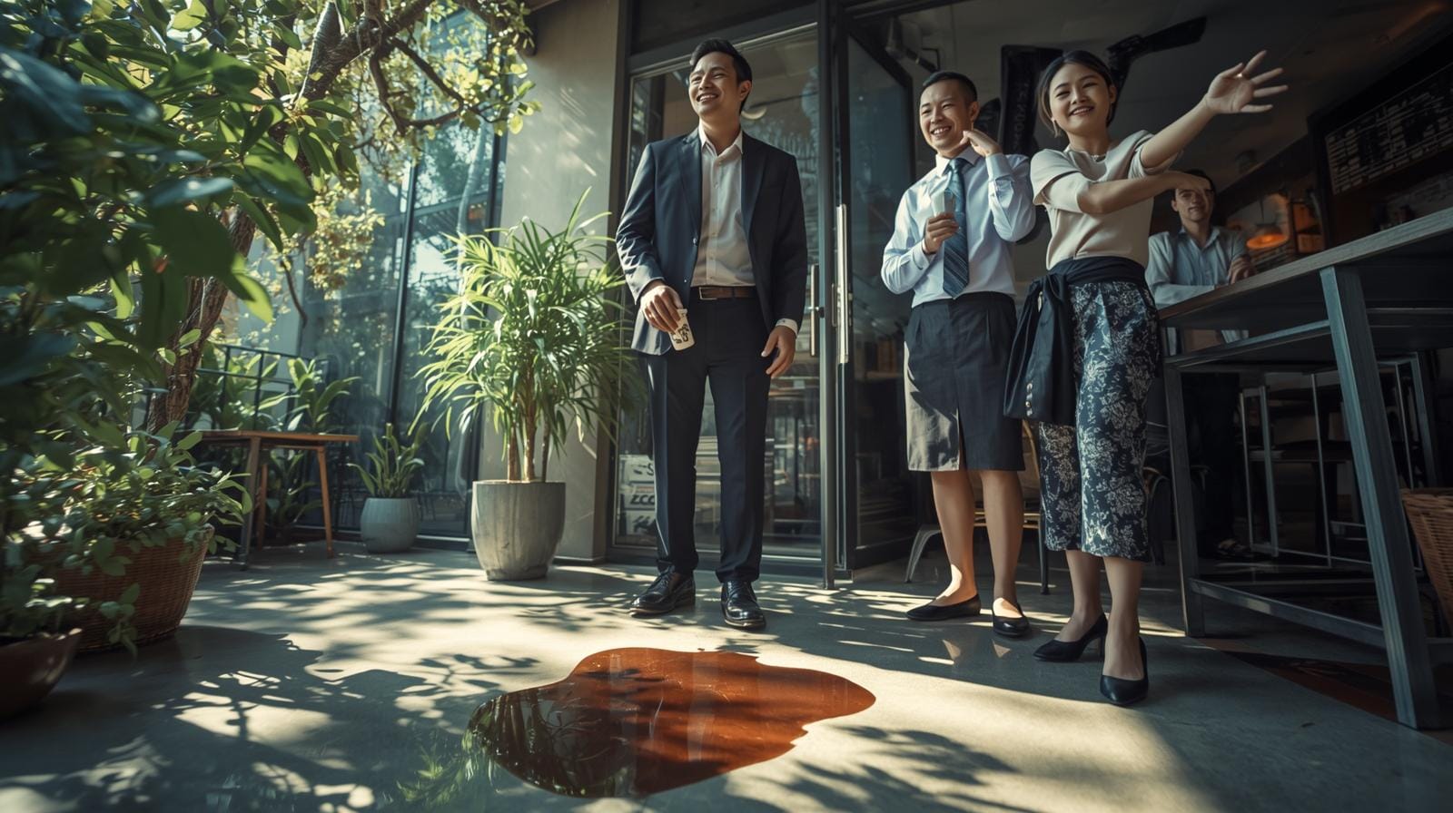 After a coffee spill at a Thai office, a foreign worker looks apologetic as Thai colleagues smile and say 'mai pen rai' (never mind) to reassure him.