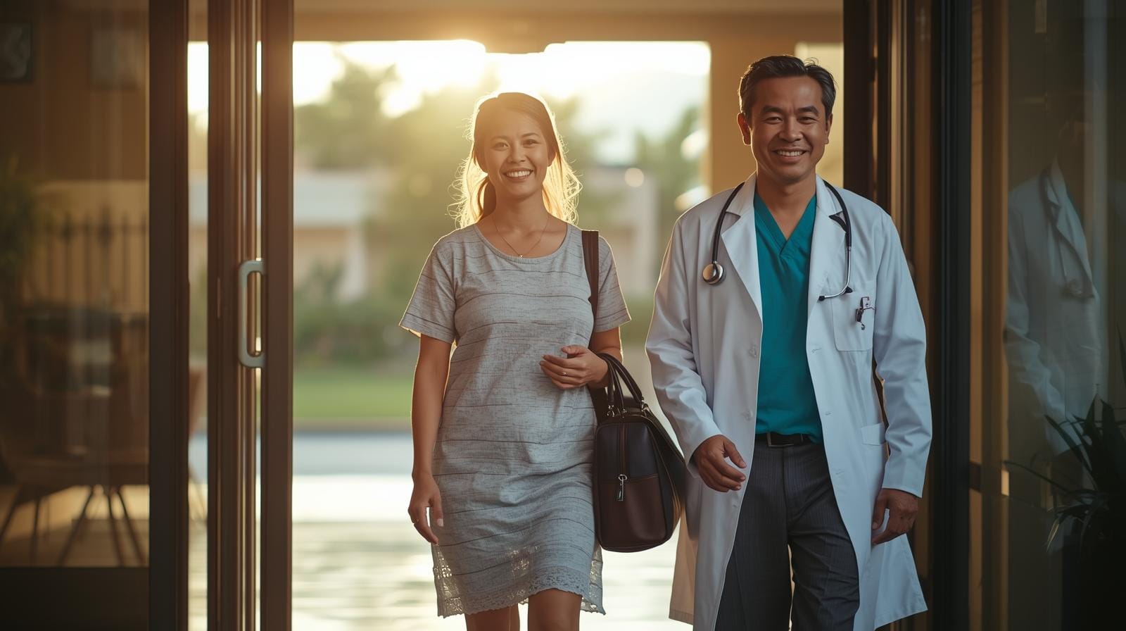 A foreign patient and a Thai doctor smile as they walk out of a hospital together.
