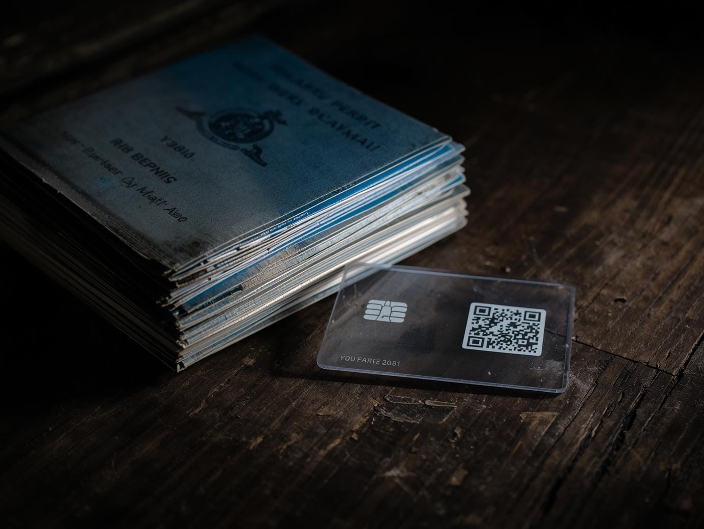 An old Thai work permit booklet lies on a desk next to a new credit-card-style electronic work permit card with a QR code, symbolizing the change.