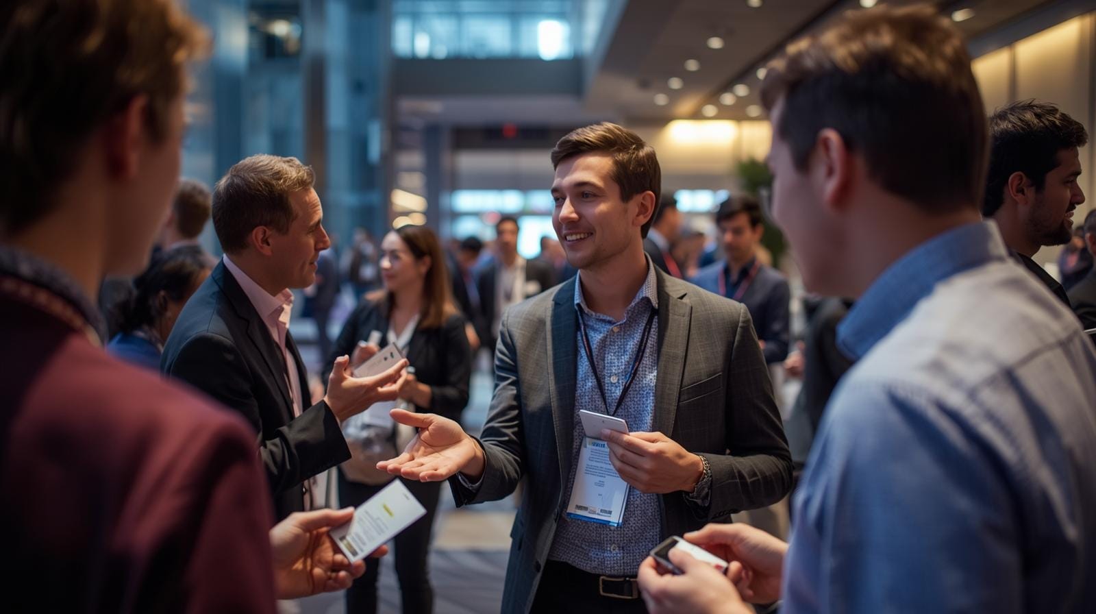 Attendees networking in the Affiliate World Asia lounge, exchanging cards and ideas in a modern Bangkok venue.