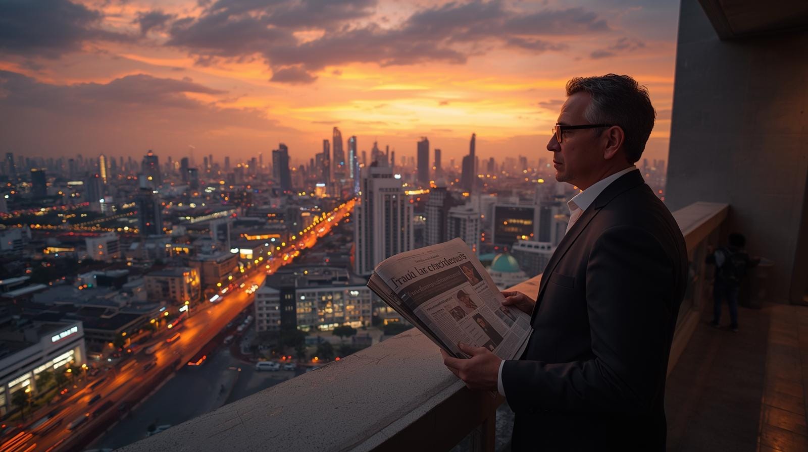 A foreign businessman on a balcony at dusk overlooking Bangkok’s skyline, reading about Thailand’s fraud crackdown in an English-language newspaper.