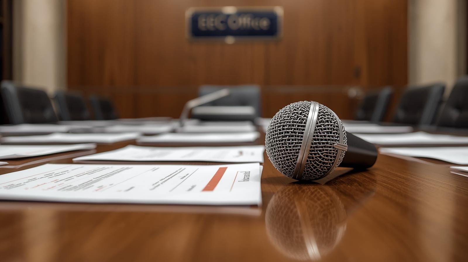Microphone and documents at an EEC policy meeting table.