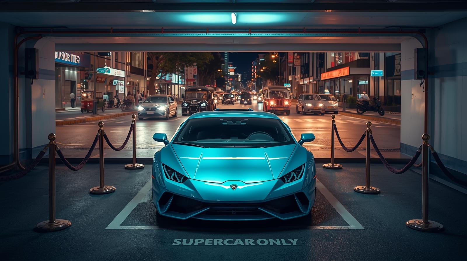 A bright blue Lamborghini sits in a reserved supercar parking space inside a Bangkok mall garage, everyday city traffic visible outside.