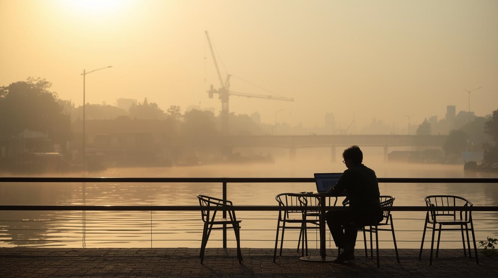 Remote worker at Chanthaburi café with construction crane in distance.