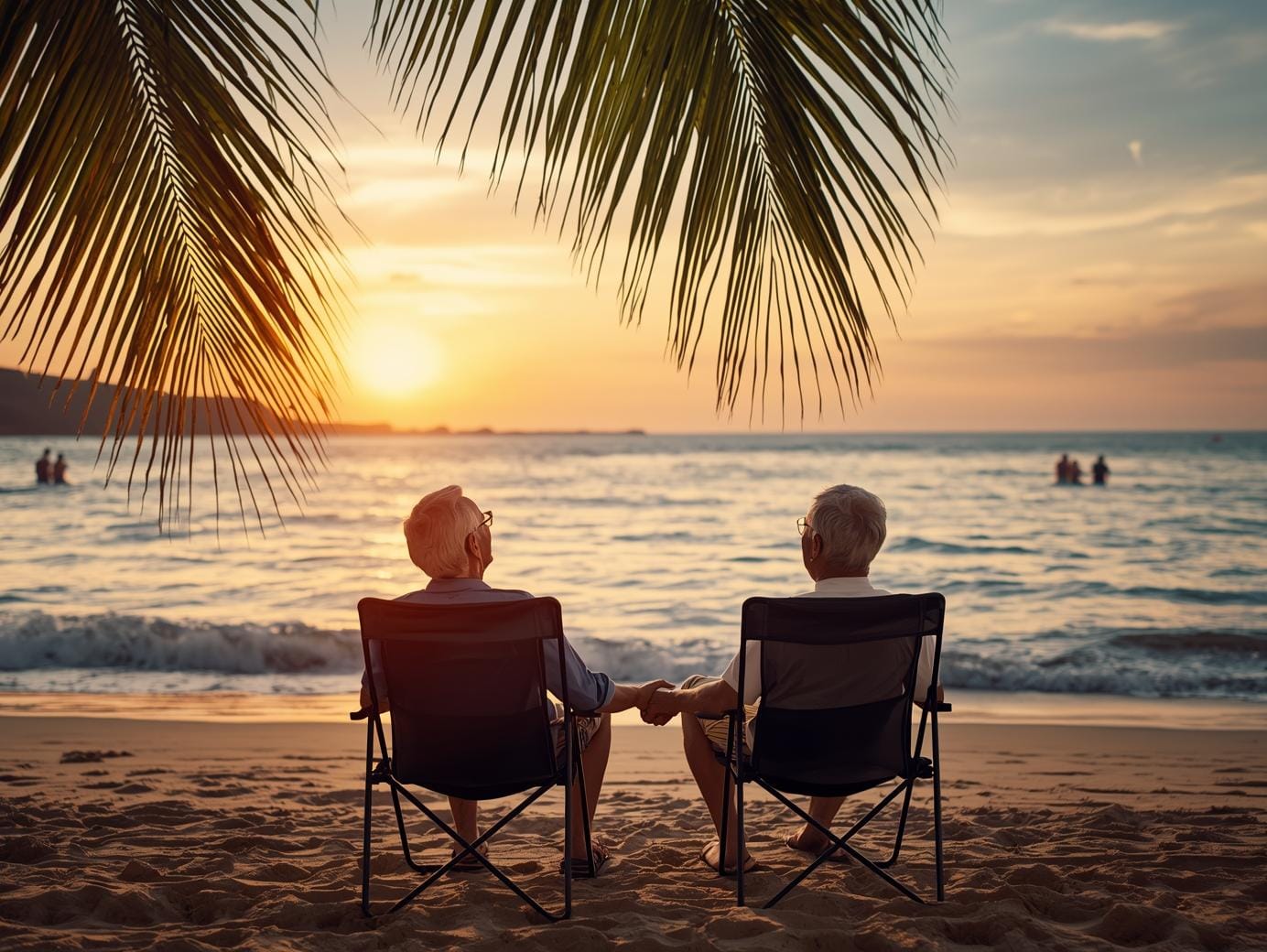 A smiling older expat couple seated on a Thai beach at sunset, holding hands and watching the ocean in the warm twilight.