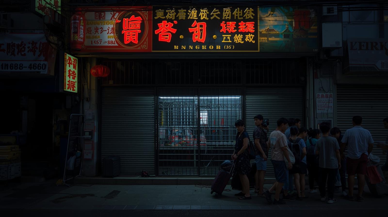 A closed Chinese-language tour agency in Bangkok’s Chinatown at dusk, with a few Chinese tourists and their suitcases standing outside looking uncertain.