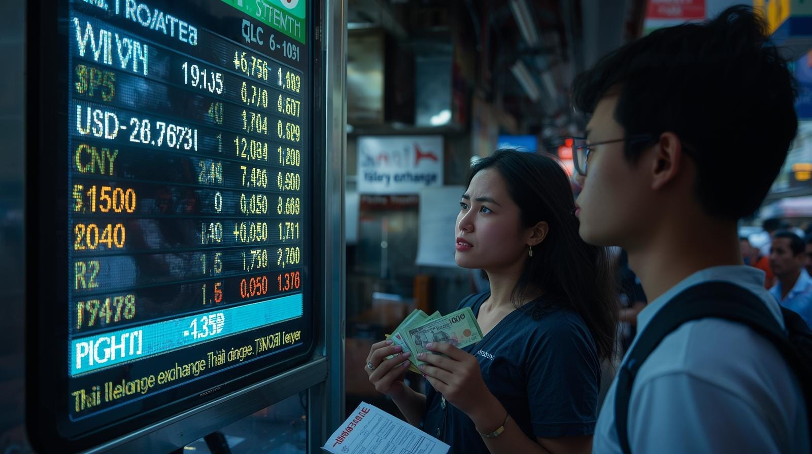 A traveler checks exchange rates at a Bangkok currency booth, the board showing a strong baht value, indicating higher costs for foreign tourists.