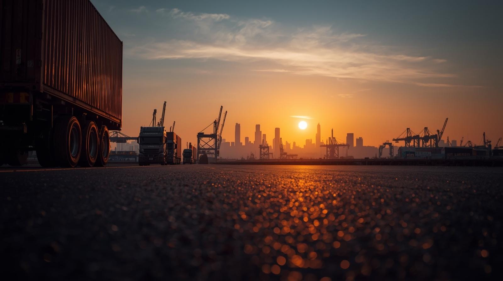 Freight containers and cranes in a Samut Sakhon industrial zone at sunrise, with Bangkok’s skyscrapers faintly visible beyond.