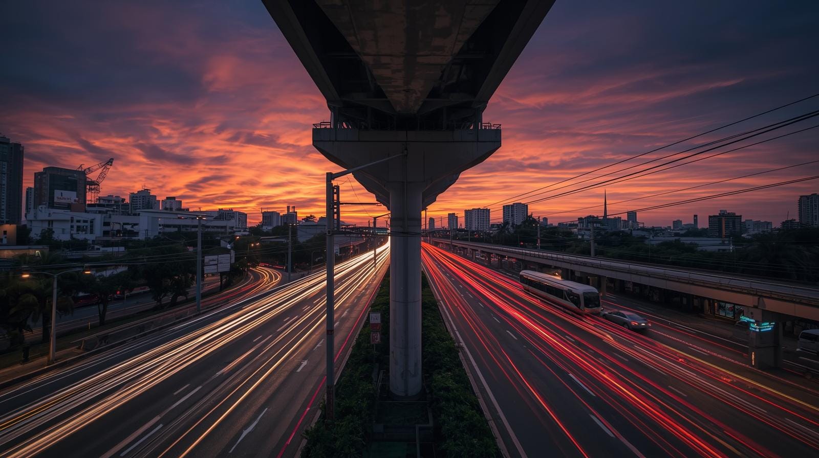 An unfinished concrete pillar for the high-speed rail in Bangkok stands idle above busy evening traffic.
