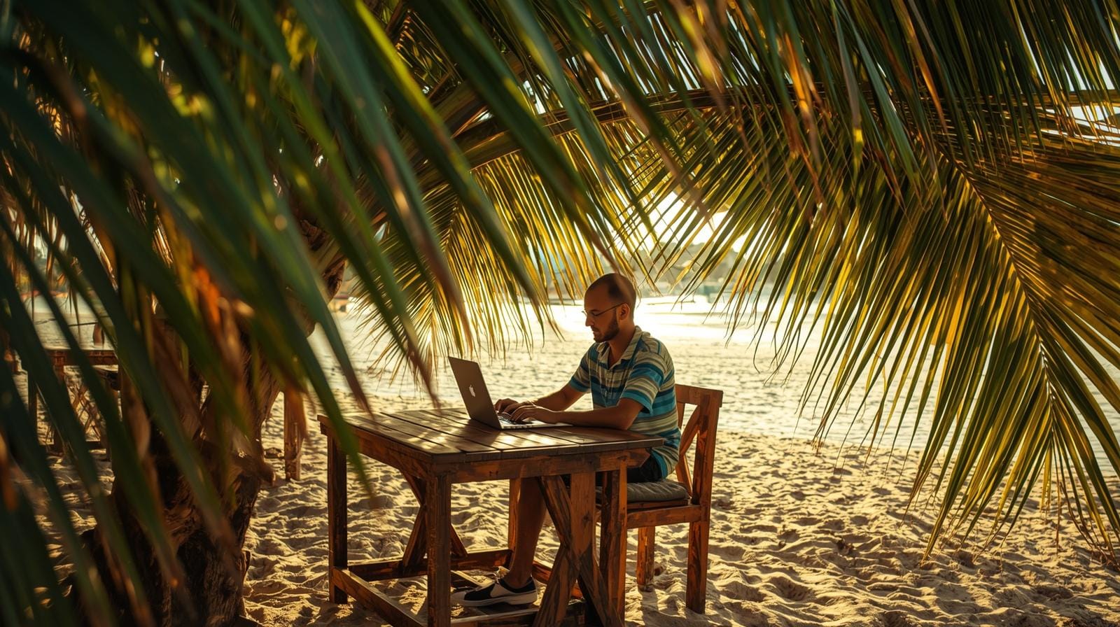 A foreign visitor with a laptop at a sunny Thai beachside café, illustrating remote work and travel.
