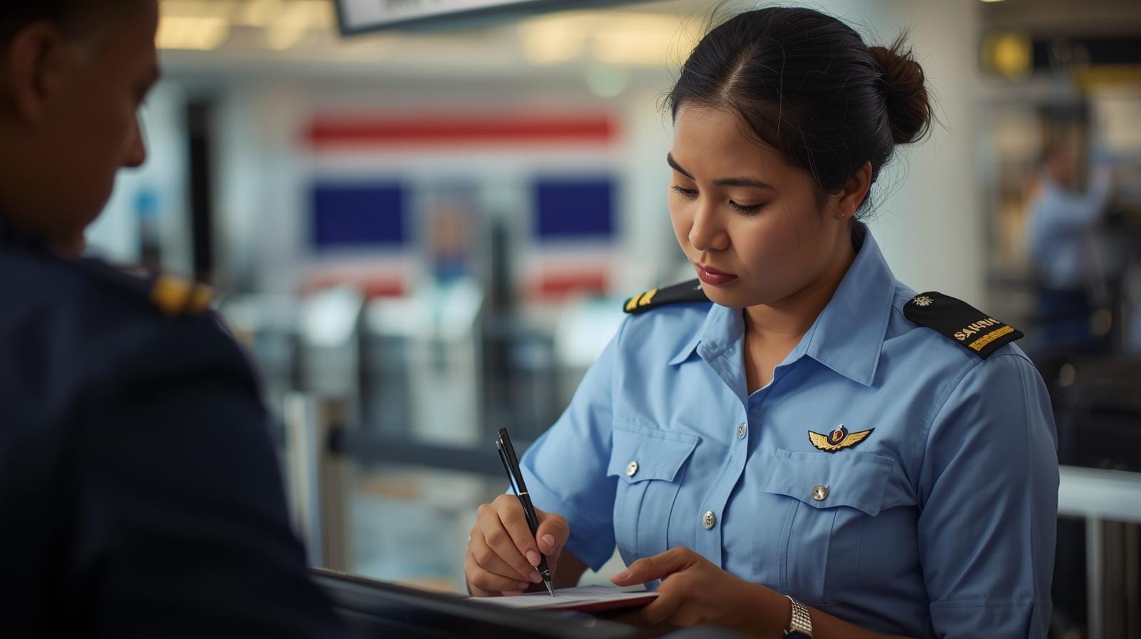 A passport being stamped by an immigration officer at a Thai airport counter.