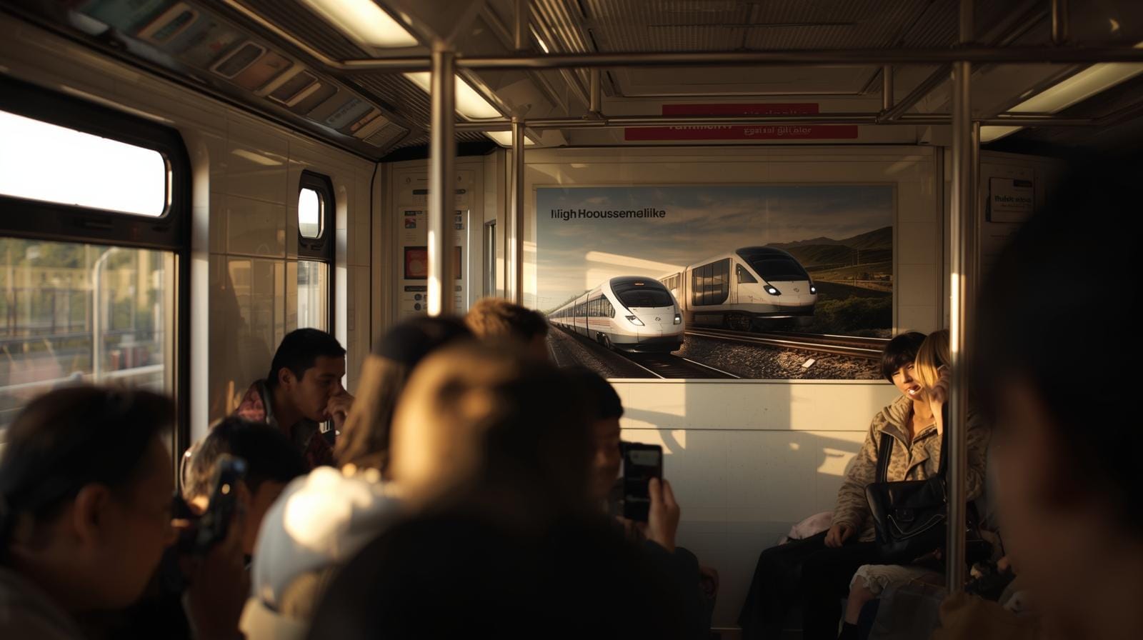 Bangkok commuters on a morning train, passing an advertisement for the future three-airport high-speed rail line.