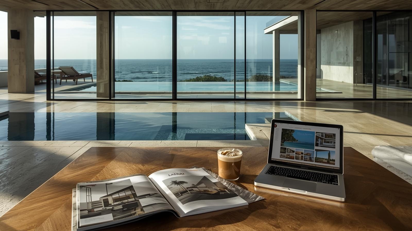 Interior of a Phuket pool villa with Lazudi listings visible on laptop screen.