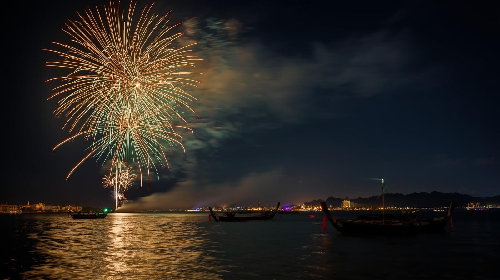 Fireworks burst over water at Pattaya Beach on festival night.